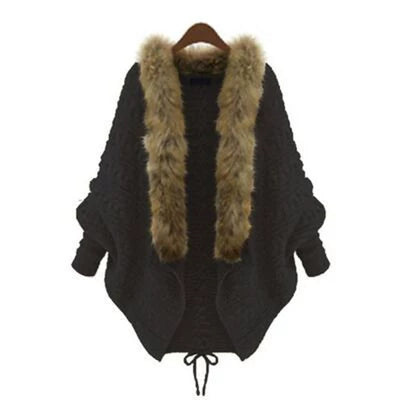 Kishai | Women’s Plus-Size Knitted Cape Cardigan with Batwing Sleeves and Fur Collar