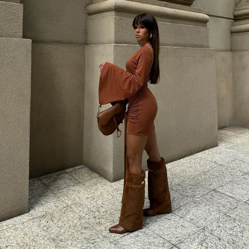 Kishai | Women’s Long-Sleeve Lace-Up Midi Dress with Round Neck and Flattering Silhouette