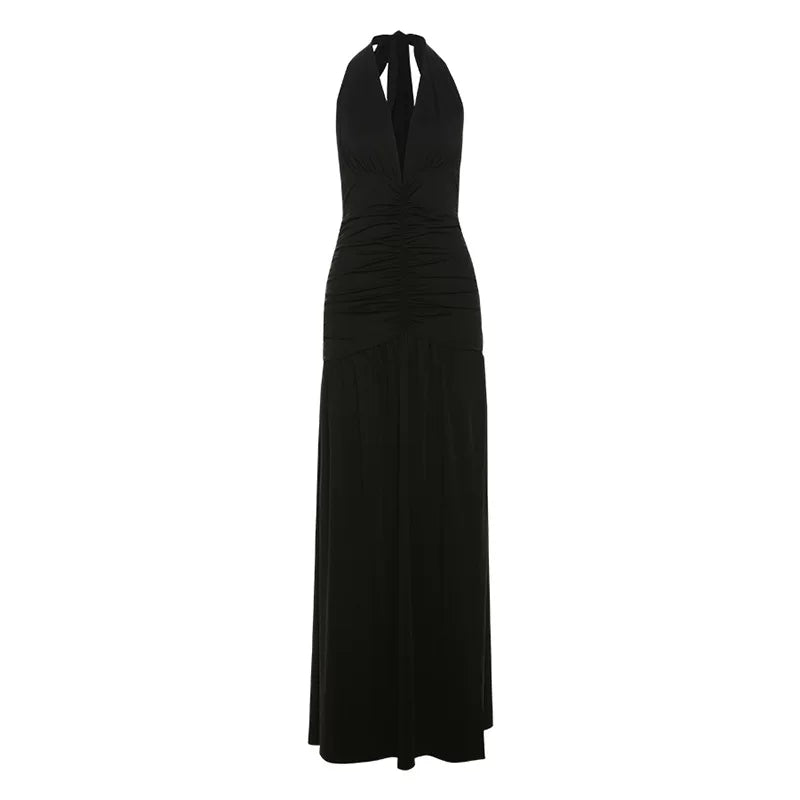 Kishai | Women’s Halterneck V-Neck Maxi Dress with Pleated Slit and Backless Slim-Fit Design