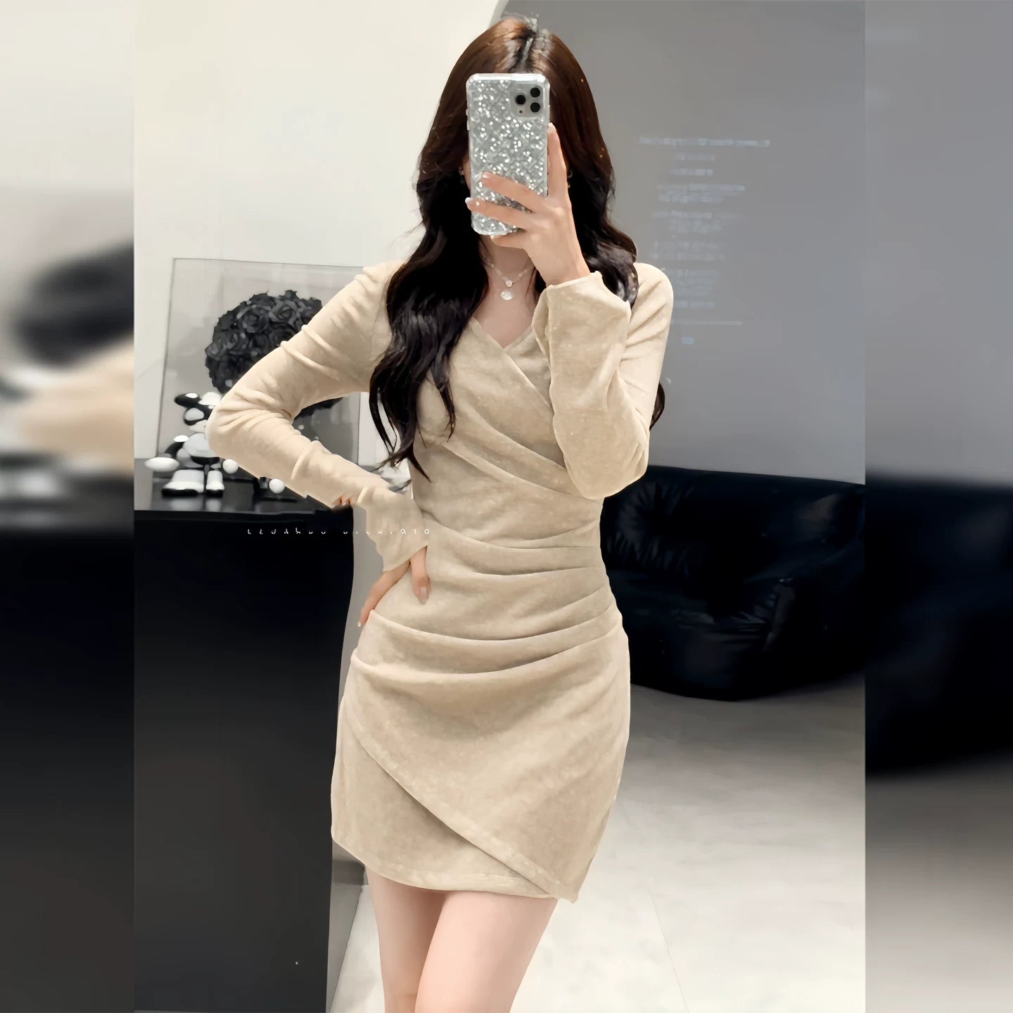 Kishai| Women’s Winter V-Neck Knitted Bodycon Mini Dress with Long Sleeves and Fitted Waist