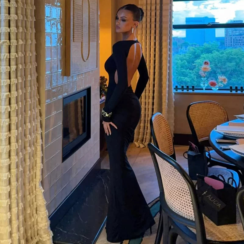 Kishai | Women’s Solid Color Backless Maxi Dress with Slim-Fit Hollow Design for Evening Events