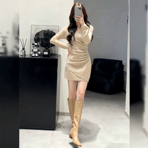 Kishai| Women’s Winter V-Neck Knitted Bodycon Mini Dress with Long Sleeves and Fitted Waist