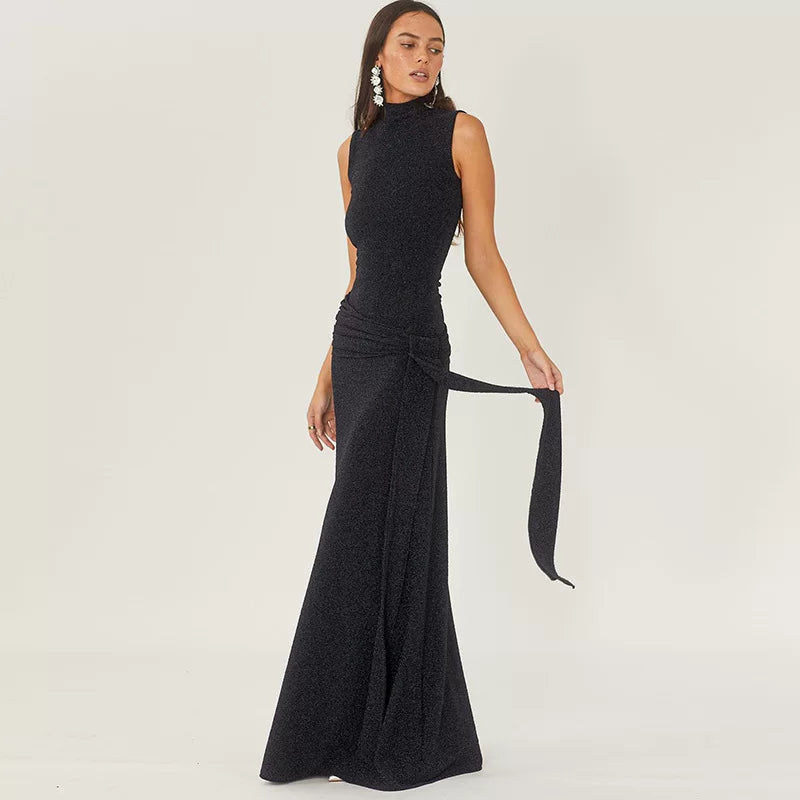 Kishai | Women’s High-Collar Sleeveless Maxi Dress with Ribbon Stitching and Silk-Like Finish