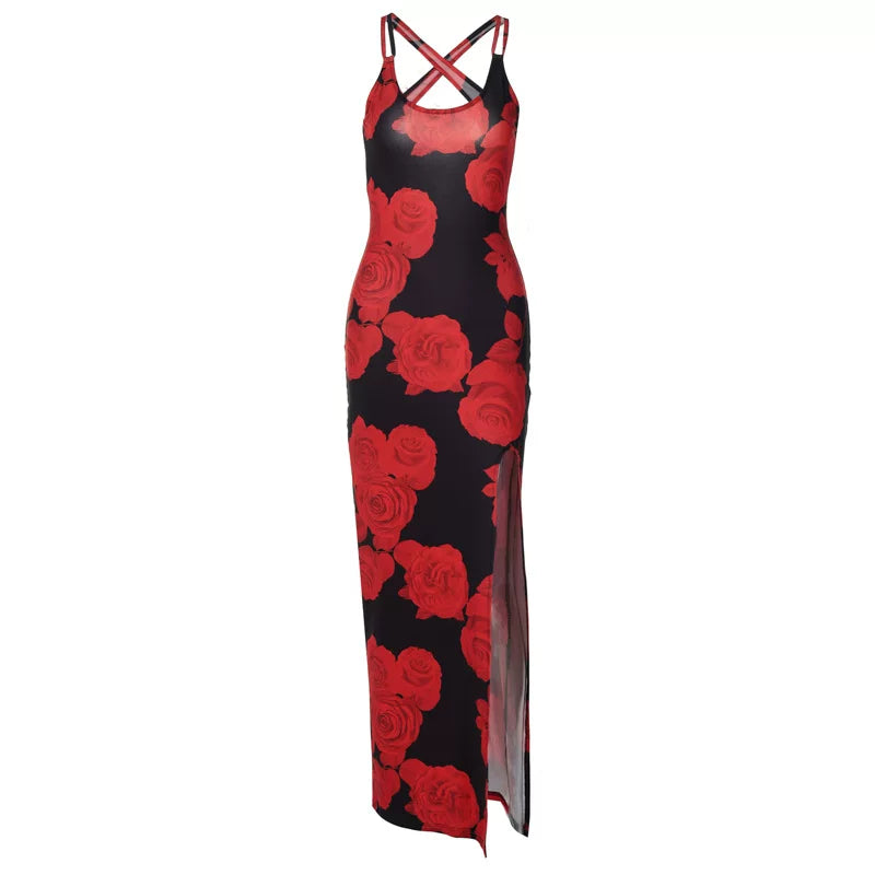 Kishai | Women’s Summer Flower Print Spaghetti Strap Maxi Dress with Side Slit and Slim Fit