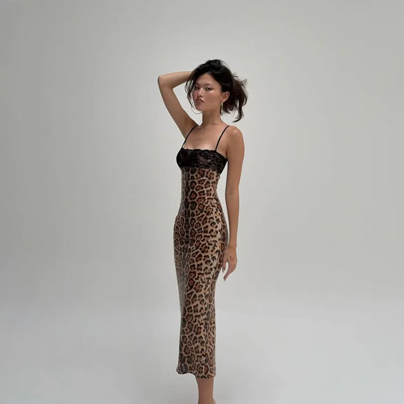Kishai | Women’s Leopard Print Sequin Lace Slit Spaghetti Strap Dress with Slim-Fit Silhouette