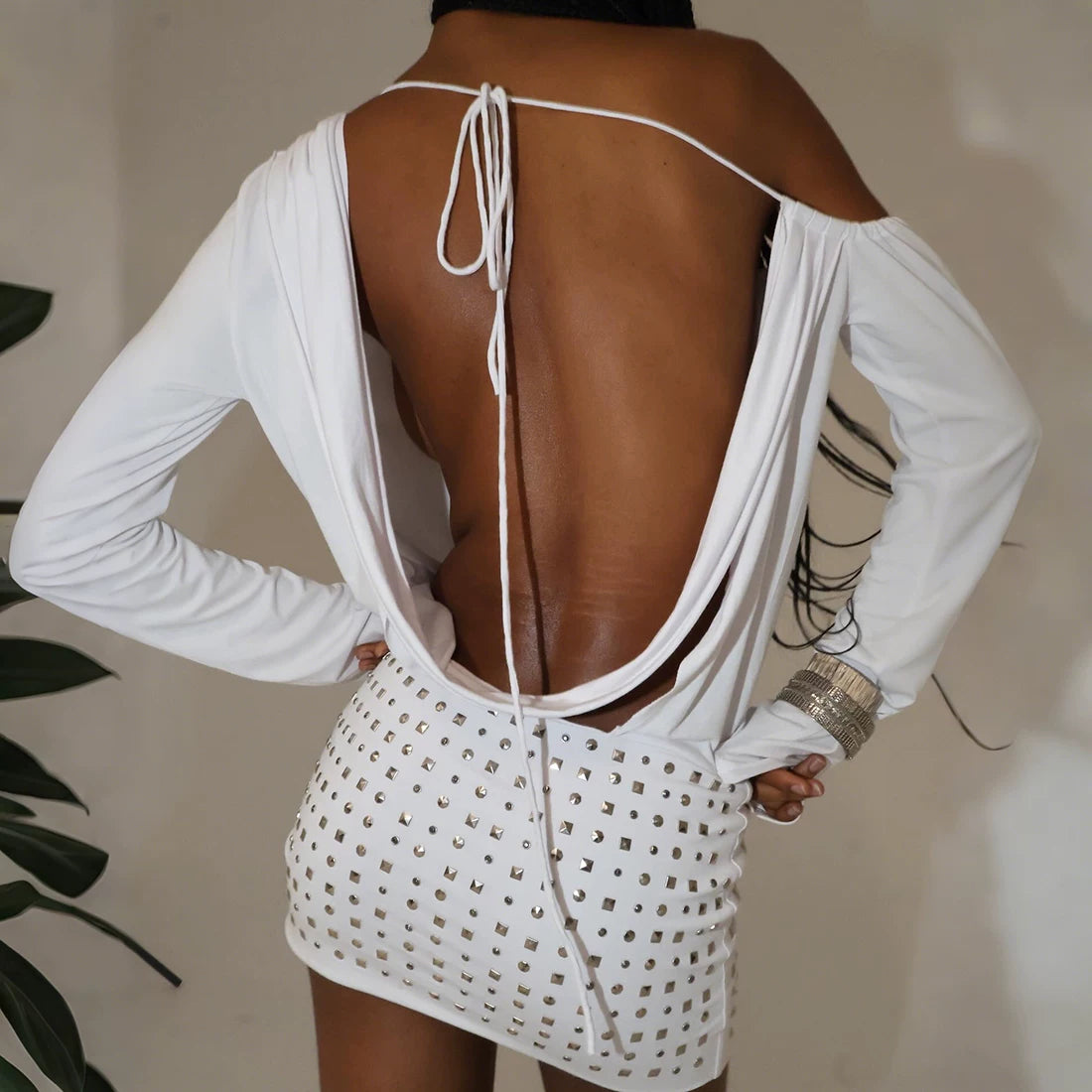 Kishai | Women’s Off-Shoulder Hollow Diamond-Accented Long Sleeve Dress with Backless Slim-Fit Skirt