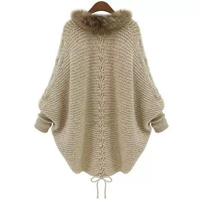 Kishai | Women’s Plus-Size Knitted Cape Cardigan with Batwing Sleeves and Fur Collar