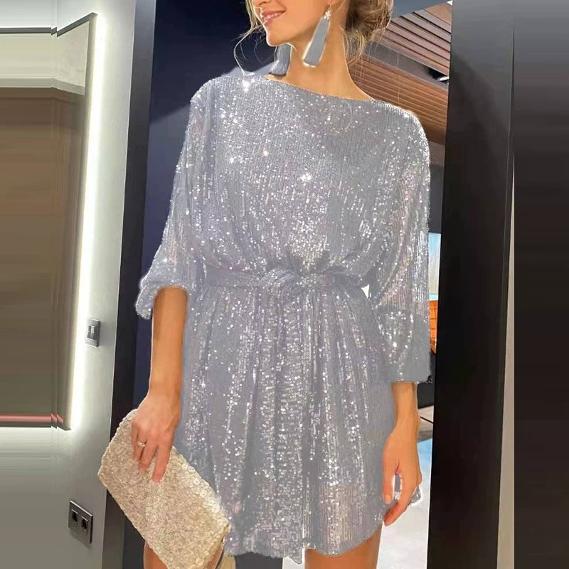 Kishai | Women’s Sparkling Glitter Lace-Up Waist Maxi Dress with Slimming Belly Coverage