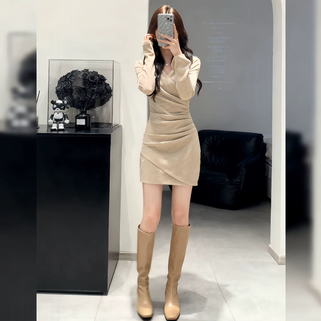 Kishai| Women’s Winter V-Neck Knitted Bodycon Mini Dress with Long Sleeves and Fitted Waist