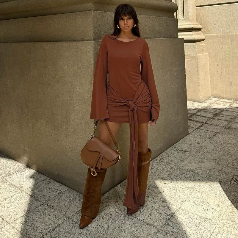 Kishai | Women’s Long-Sleeve Lace-Up Midi Dress with Round Neck and Flattering Silhouette