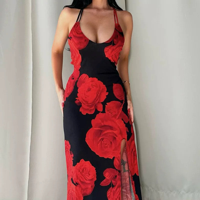 Kishai | Women’s Summer Flower Print Spaghetti Strap Maxi Dress with Side Slit and Slim Fit