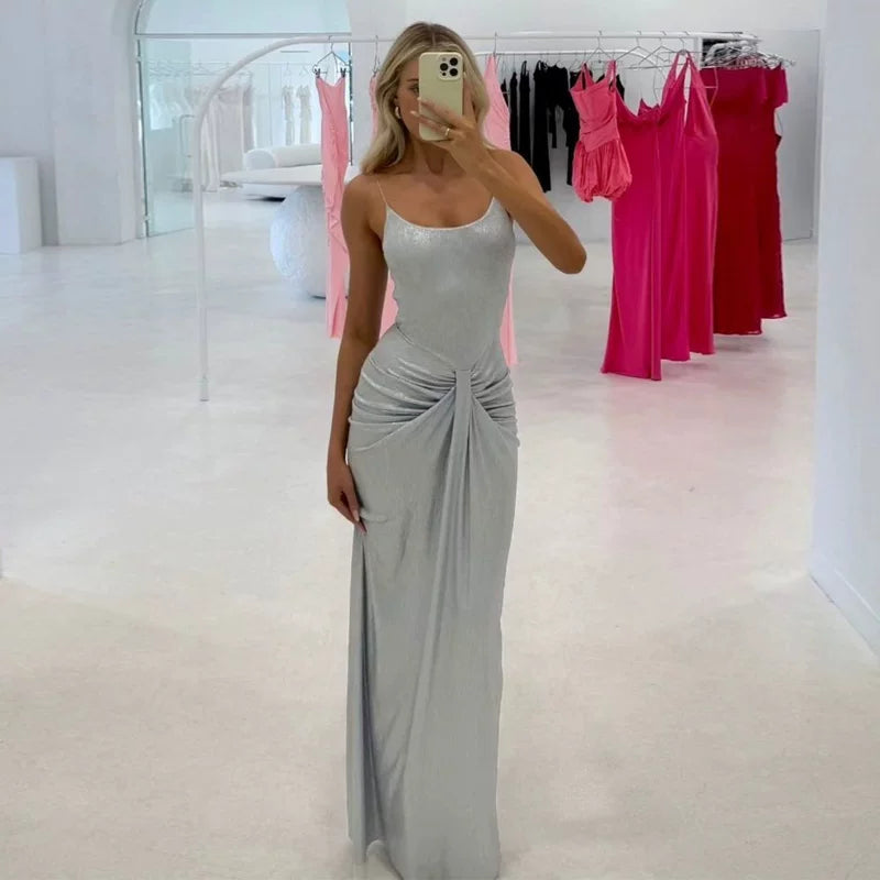 Kishai | Women’s Silver Pleated Waist Suspender Maxi Dress for Elegant Evening Events