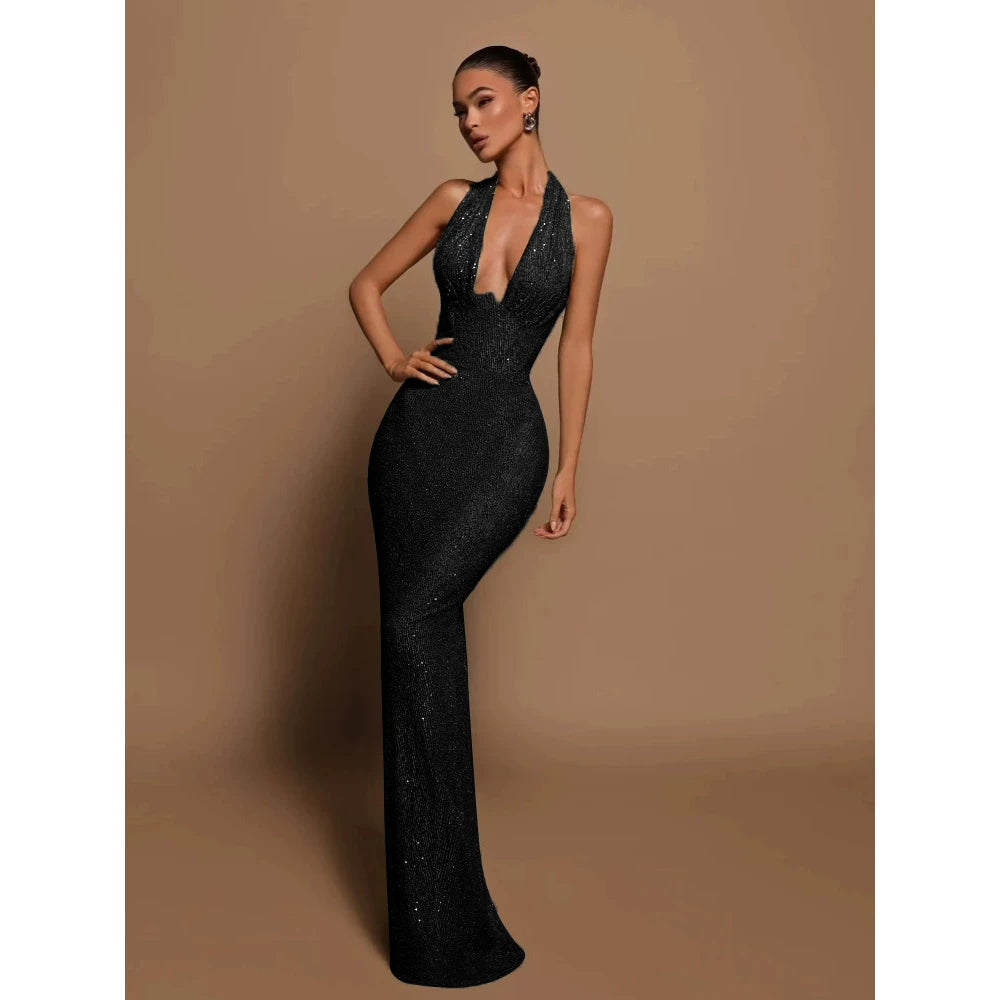 Kishai | Women’s Sequined V-Neck Halter Maxi Dress for Banquets and Special Occasions