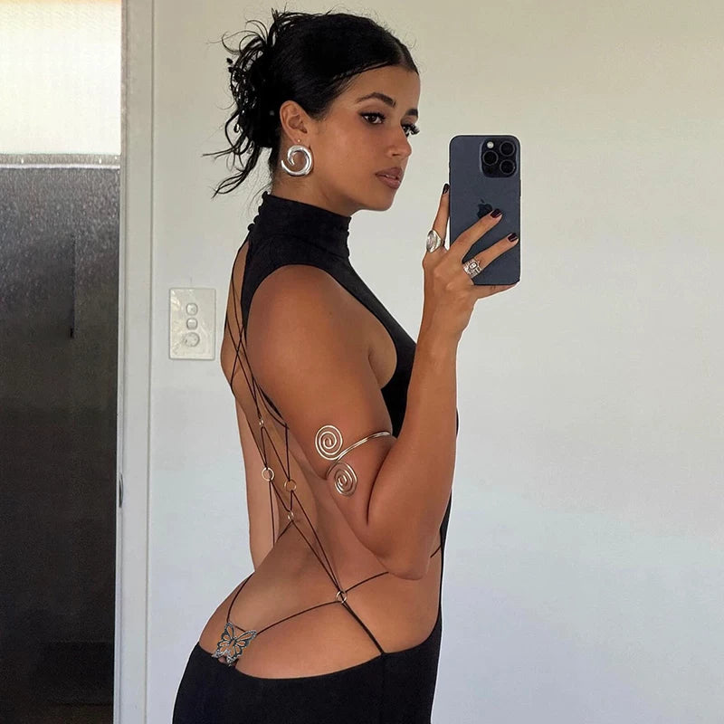 Kishai | Women’s Metallic Butterfly Hollow Backless Maxi Dress with Slim-Fit Slit Skirt