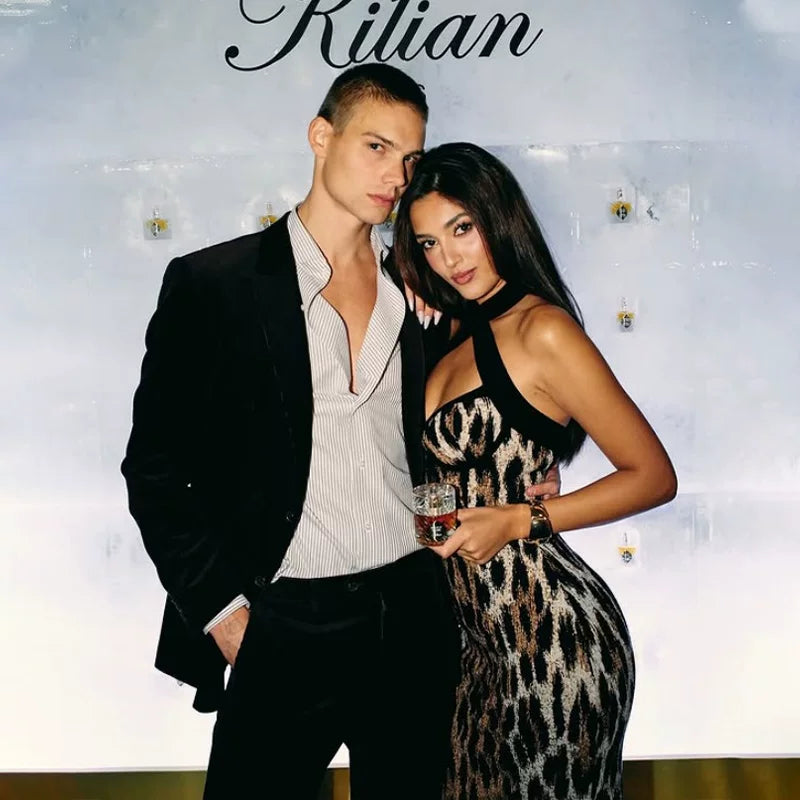 Kishai | Women’s V-Neck Halter Maxi Dress with Leopard Print Panel and Figure-Flattering Silhouette