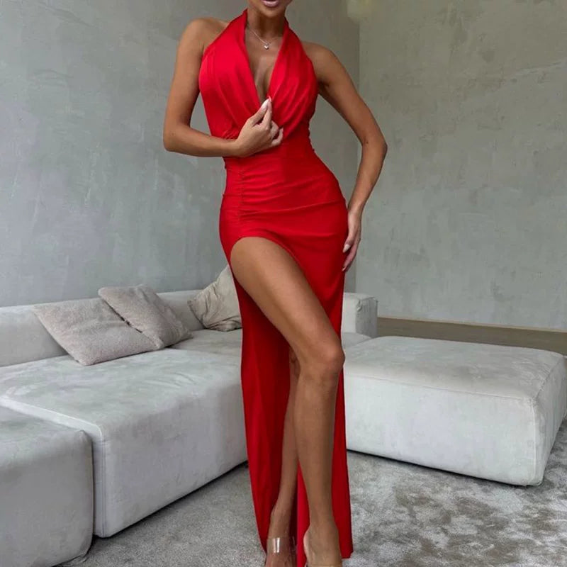 Cngirl European And American Fashion New Sexy Halter Neck Swing Collar Waist Slim Fit Hip High Slit Design Dress