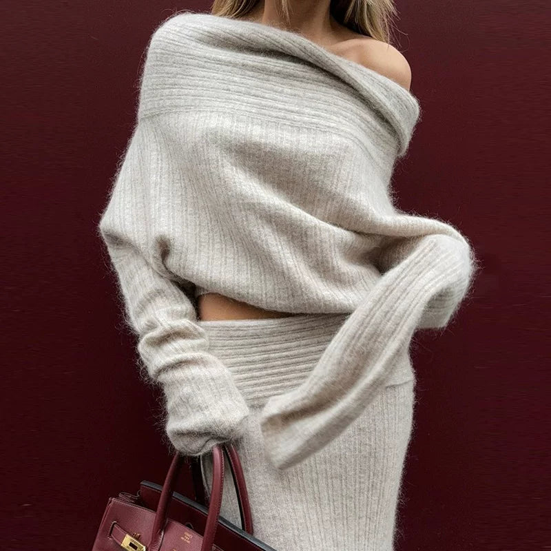 Kishai | Women’s Winter One-Shoulder Sweater and Fishtail Skirt Set with Long Sleeve Top