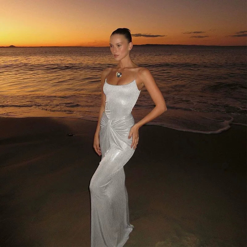 Kishai | Women’s Silver Pleated Waist Suspender Maxi Dress for Elegant Evening Events