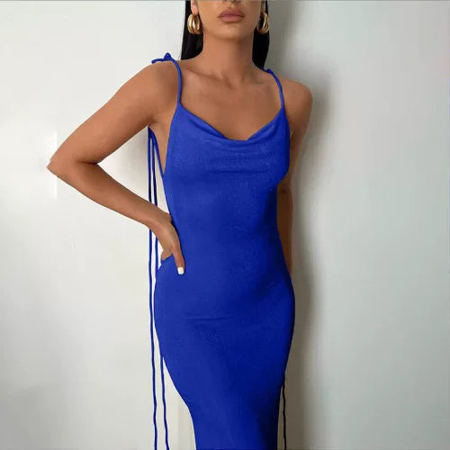 Kishai | Women’s Summer Solid Color Backless Strappy Maxi Dress with Pile Collar
