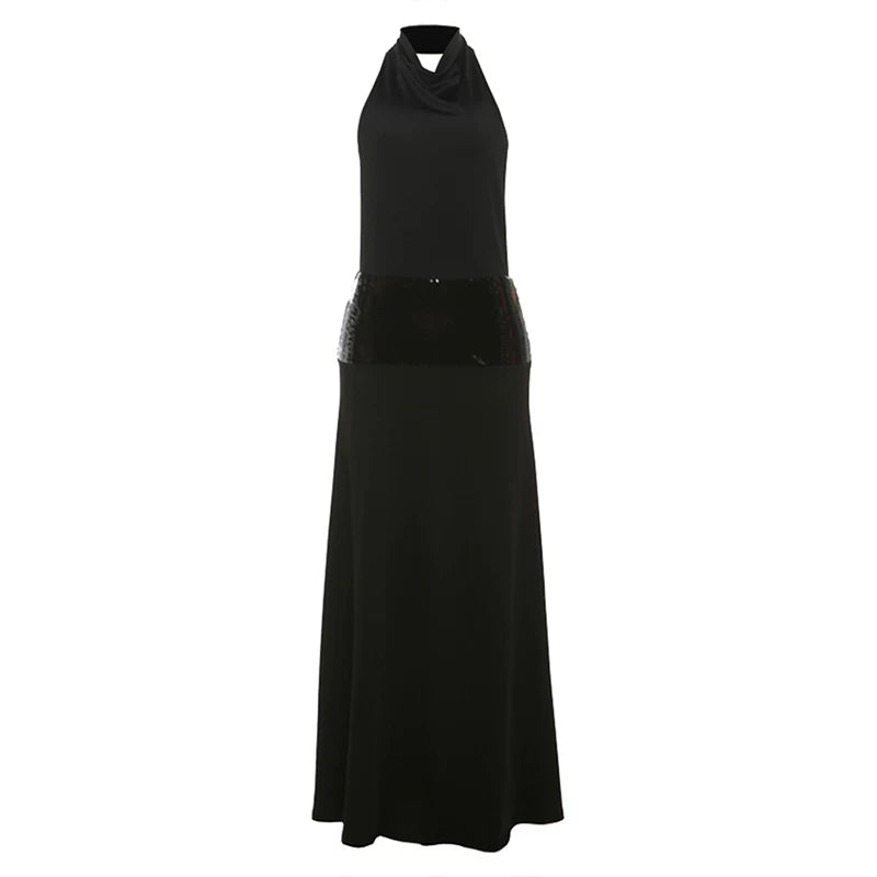 Kishai | Women’s Black Halter Backless Maxi Dress with Flowing Hip-Covering Skirt