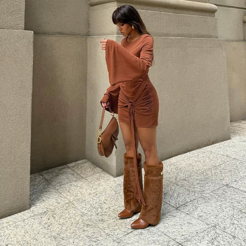 Kishai | Women’s Long-Sleeve Lace-Up Midi Dress with Round Neck and Flattering Silhouette