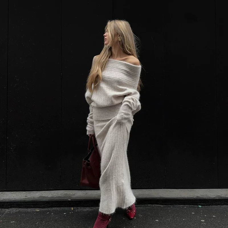 Kishai | Women’s Winter One-Shoulder Sweater and Fishtail Skirt Set with Long Sleeve Top