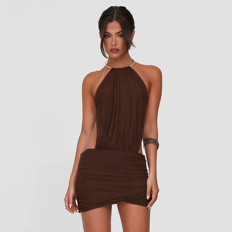 Kishai | Women’s Summer Strappy Halter Mini Dress with Metal Ring Detail and Backless Fit