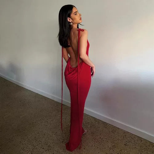 Kishai | Women’s Summer Solid Color Backless Strappy Maxi Dress with Pile Collar