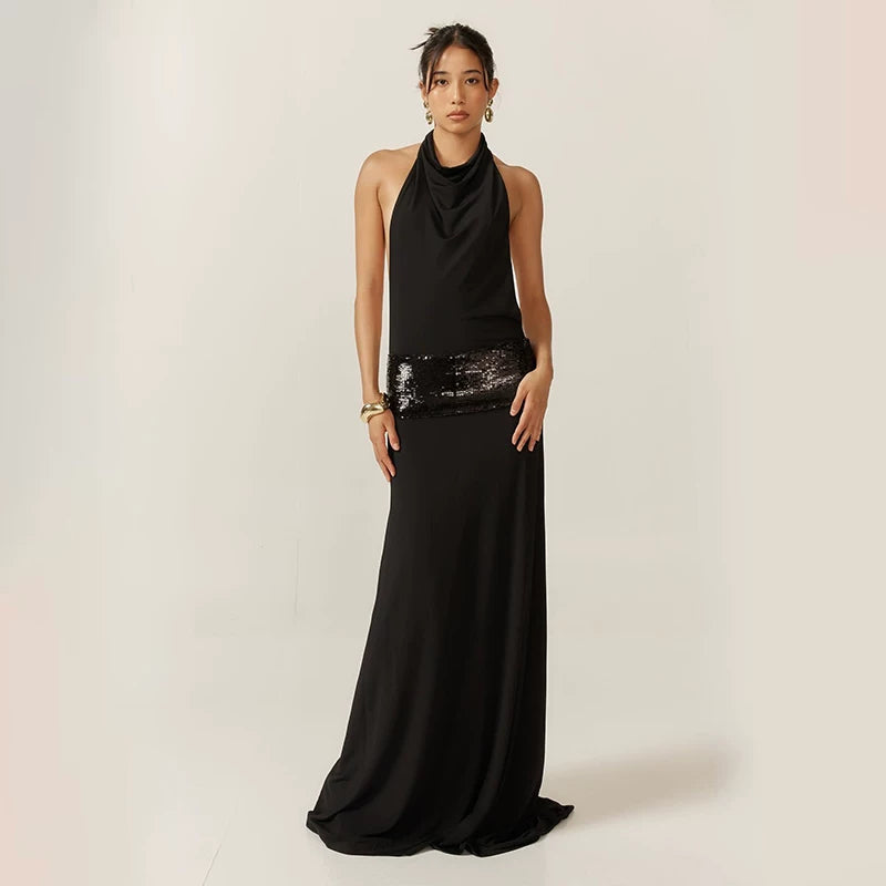 Kishai | Women’s Black Halter Backless Maxi Dress with Flowing Hip-Covering Skirt